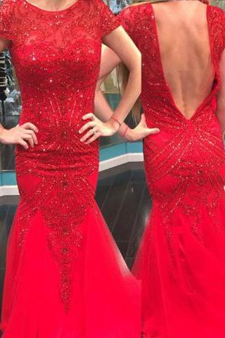 Elegant Jewel Short Sleeves Red Mermaid Prom Dress with Beading Backless WK593