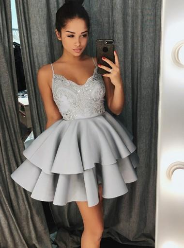 A-Line Spaghetti Straps Sweetheart Grey Satin Homecoming Dress with Lace Beading WK592