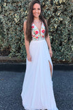 Beauty Flowy White Embroidery V-Neck Prom Dresses Party Dresses