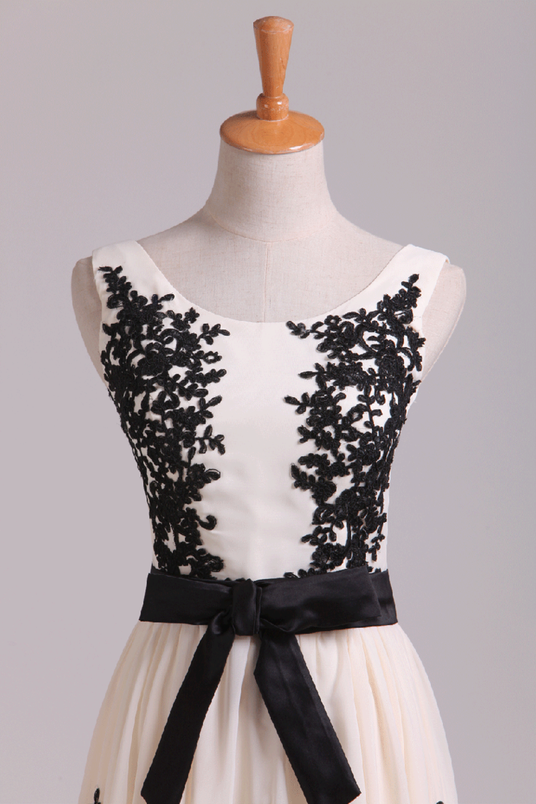 Straps A Line Chiffon Prom Dress Short With Black Applique & Sash