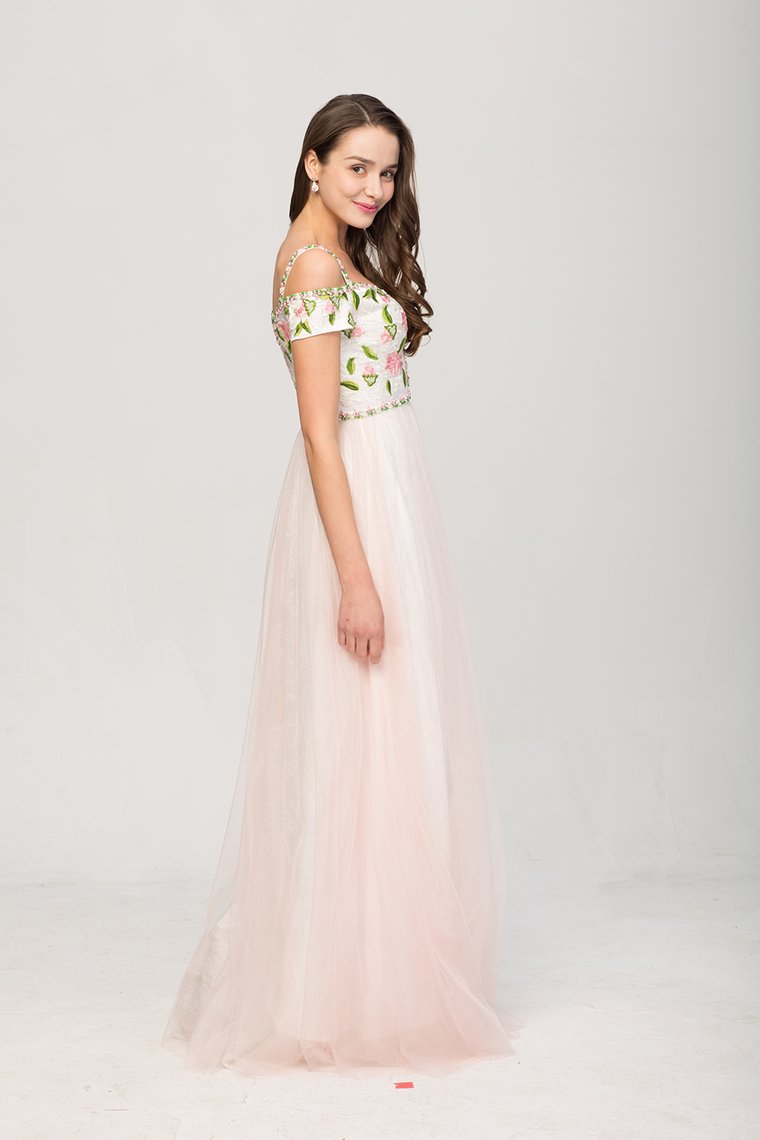 Floral Spaghetti Straps Prom Dresses A Line Tulle Floor Length