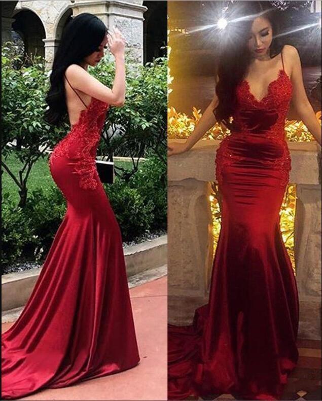 Chic Red Spaghetti Straps Mermaid V Neck Prom Dresses with Appliques, Formal Dresses SWK15571