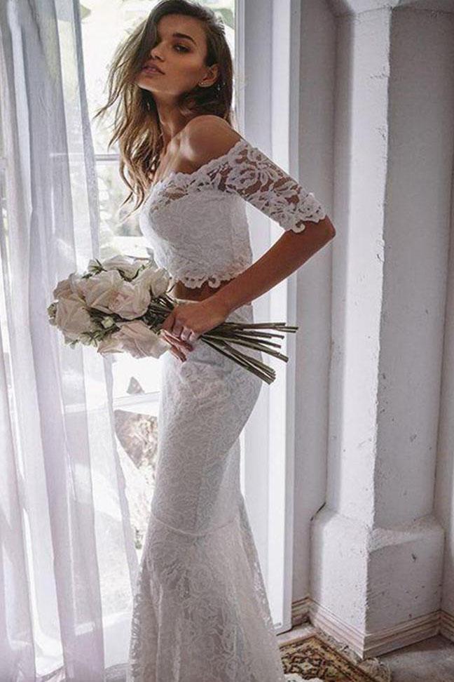 2 Pieces Ivory Lace Mermaid Off the Shoulder Wedding Dresses, Beach Wedding Gowns SWK14986