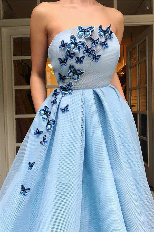 Unique A Line Blue Strapless Tulle Prom Dresses with Butterfly, Pockets Formal Dresses SWK15449