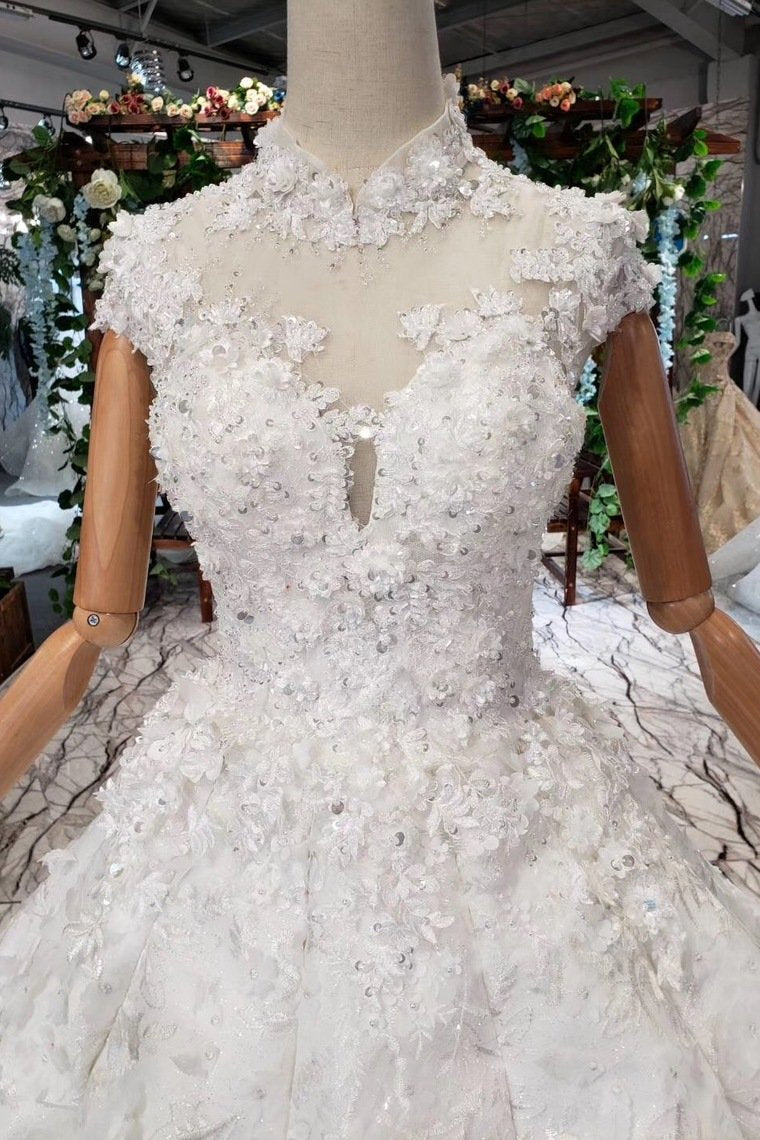 New Wedding Dresses Short Sleeves Ball Gown Lace Up Back With Applique&Beads