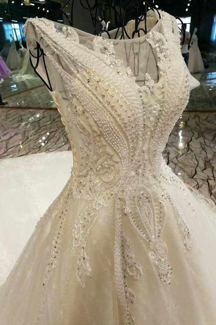 Fantastic New Arrival Scoop Neck A Line With Crystals Royal Train Wedding Dresses