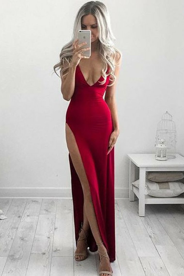 New Arrival Sheath Straps Evening Dresses Stretch Satin With Slit