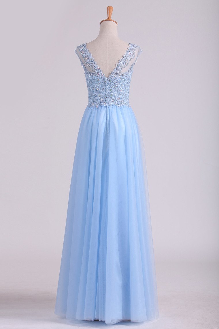 Scoop A Line Prom Dress Beaded Floor Length Pick Up Tulle Skirt With Applique