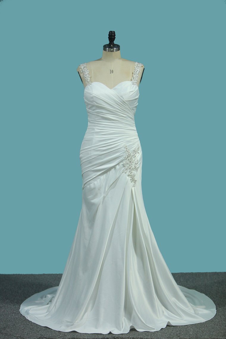 Stretch Satin Wedding Dresses Mermaid With Beads And Ruffles New Arrival