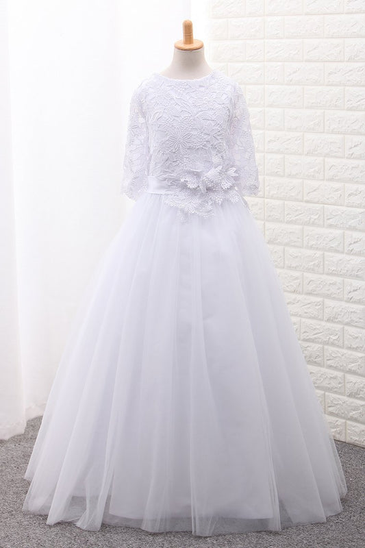 Mid-Length Sleeves Scoop Ball Gown Flower Girl Dresses Tulle With Sash