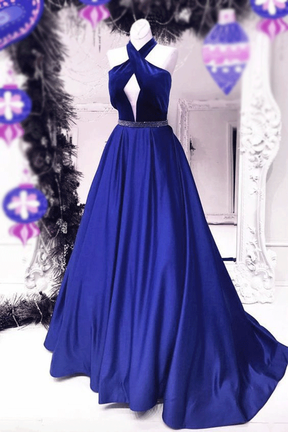 2022 Cheap Unique Royal Blue Charming Sexy Back Ball Gown Floor-Length Prom Dresses WK177
