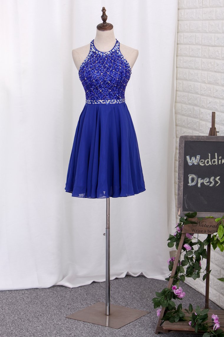 2024 A Line Halter Beaded Bodice Homecoming Dresses Chiffon Open Back