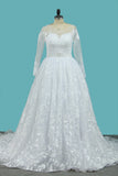 Lace Wedding Dresses Long Sleeves Scoop A Line With Applique And Beads Court Train
