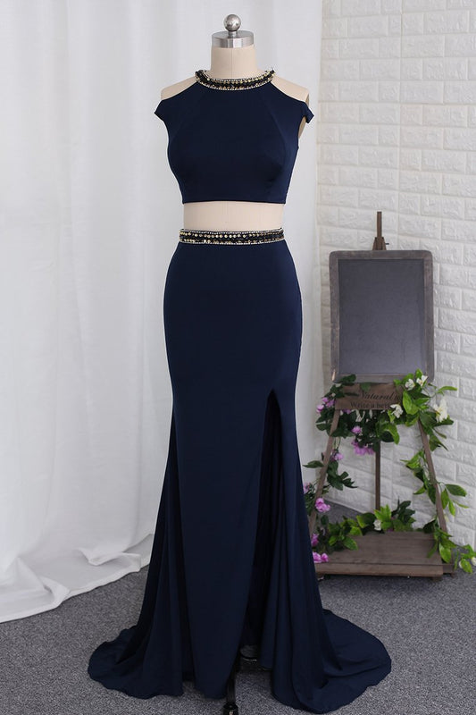 Two-Piece Scoop Prom Dresses Mermaid Spandex With Beads And Slit