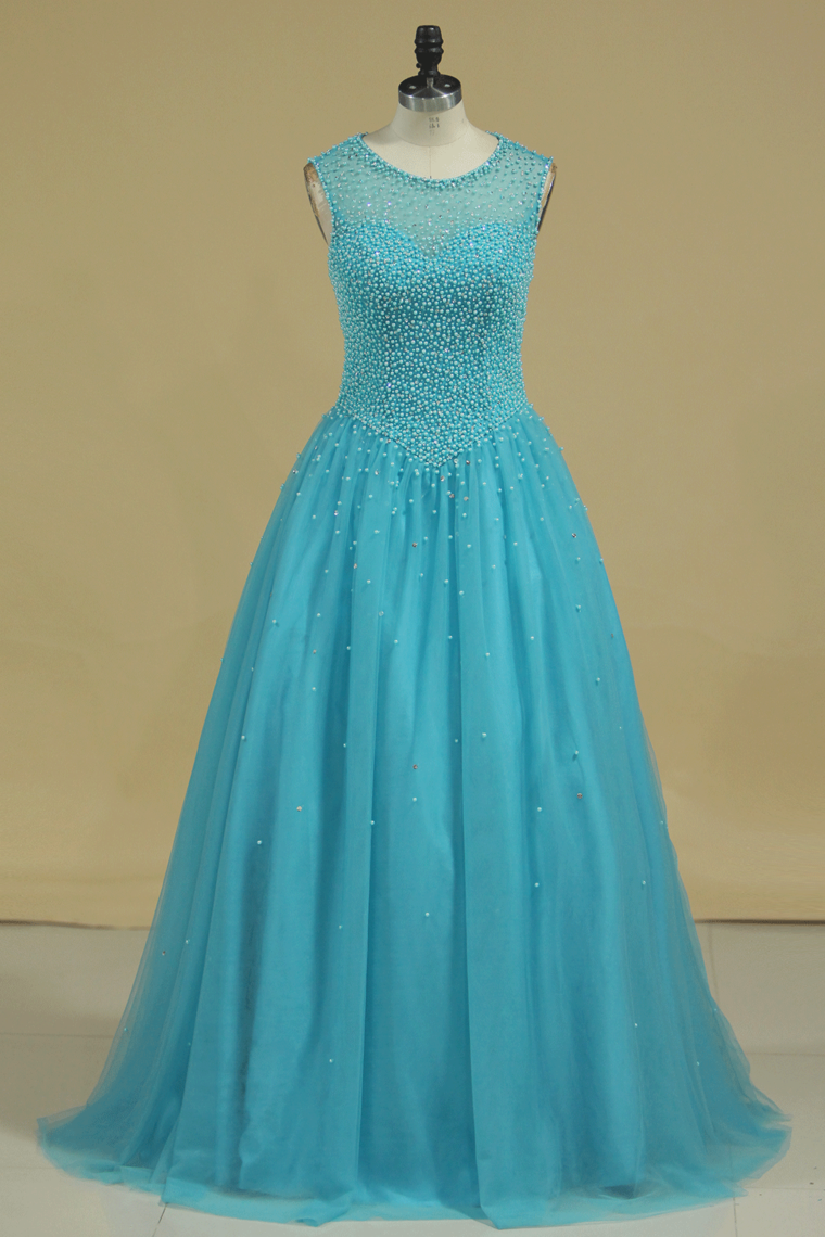 Open Back Scoop Beaded Bodice Tulle Quinceanera Dresses Floor Length