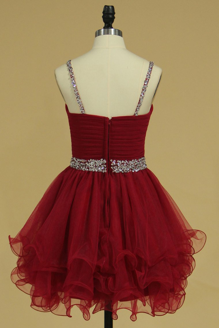 Organza Homecoming Dresses Spaghetti Straps With Ruffles And Beads