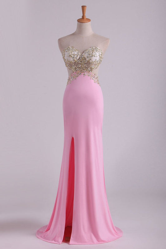 Hot Sexy Prom Dresses Sheath With Slit And Applique Sweep Train Spandex