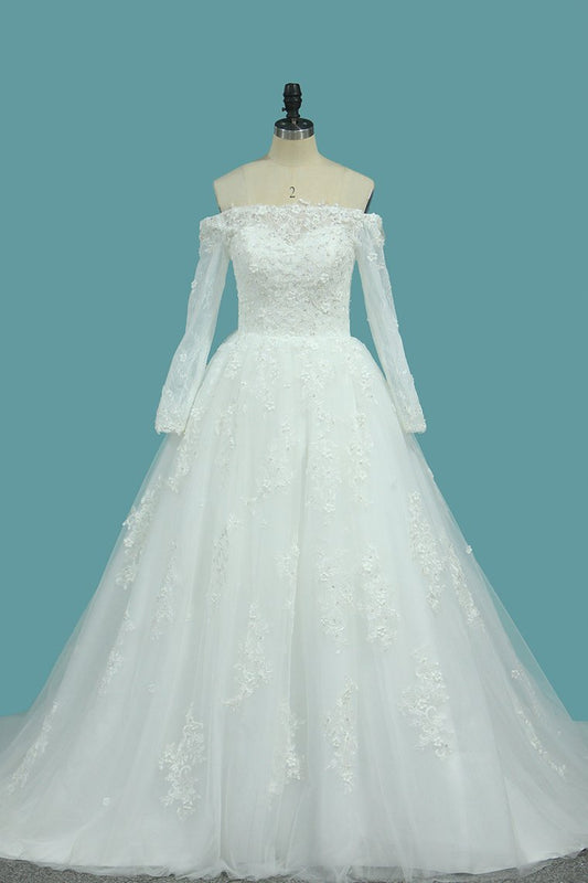 Boat Neck Tulle Wedding Dresses A Line With Applique And Beads Chapel Train