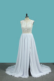 2022 A Line Chiffon High Neck Wedding Dresses With Beads And Slit Sweep Train
