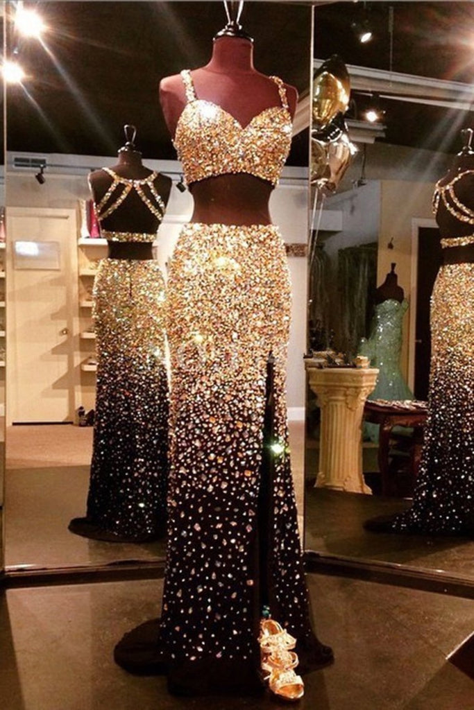 Sparkly Gold And Black 2 Pieces Beading Sheath Evening Dresses Prom Dresses