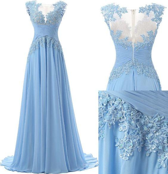 Fashion A-line Scoop Sweep Train Appliques Chiffon Sleeveless Light Blue Prom Dresses WK160