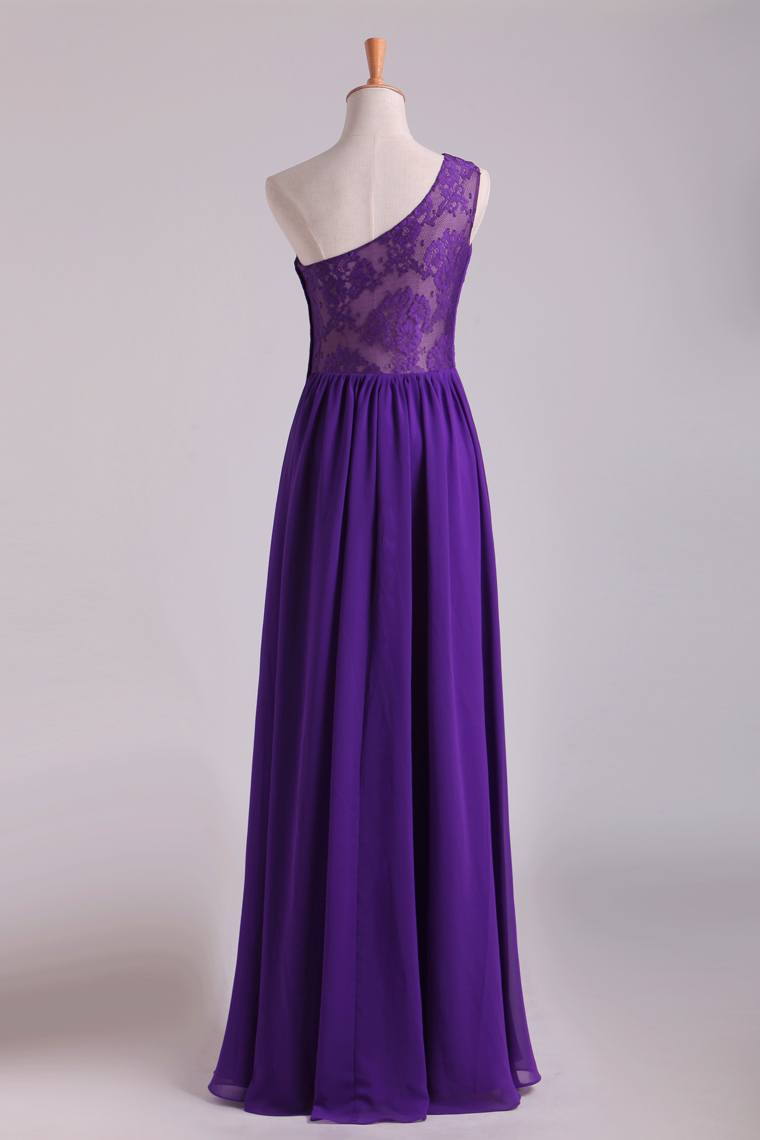 One Shoulder Pleated Bodice Lace Back A Line Evening Dress Full Length Chiffon