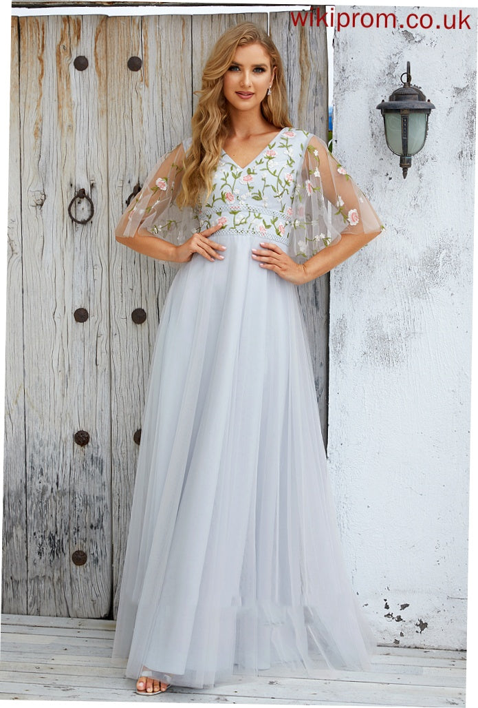 Flower(s) V-neck Fabric Embellishment A-Line Silhouette Length Neckline Floor-Length Janae V-Neck Sleeveless Bridesmaid Dresses