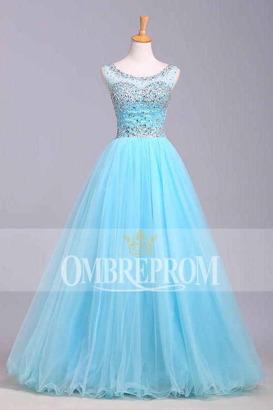 Chic Round Neck Blue Tulle Sleeveless With Beading Prom Dresses