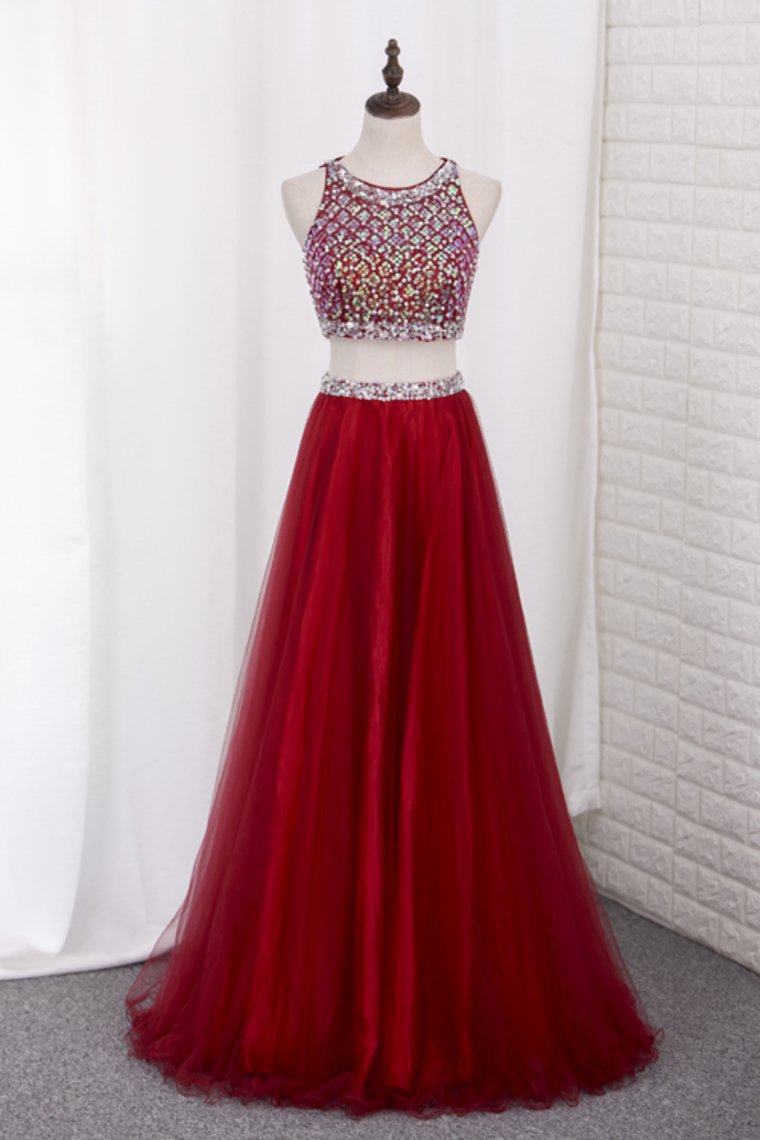 Two Pieces Bateau Prom Dress Beaded Bodice A Line Tulle Floor Length