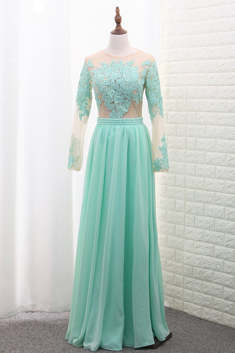 Scoop A Line Chiffon Long Sleeves Prom Dresses With Applique Floor Length