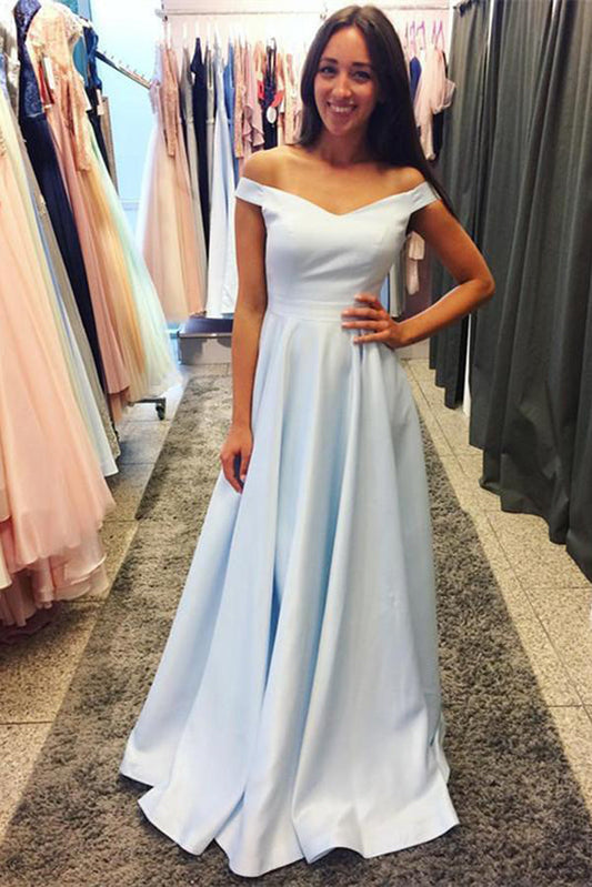 Chic Light Blue Off the Shoulder Satin Sleeveless Floor Length Prom Dresses