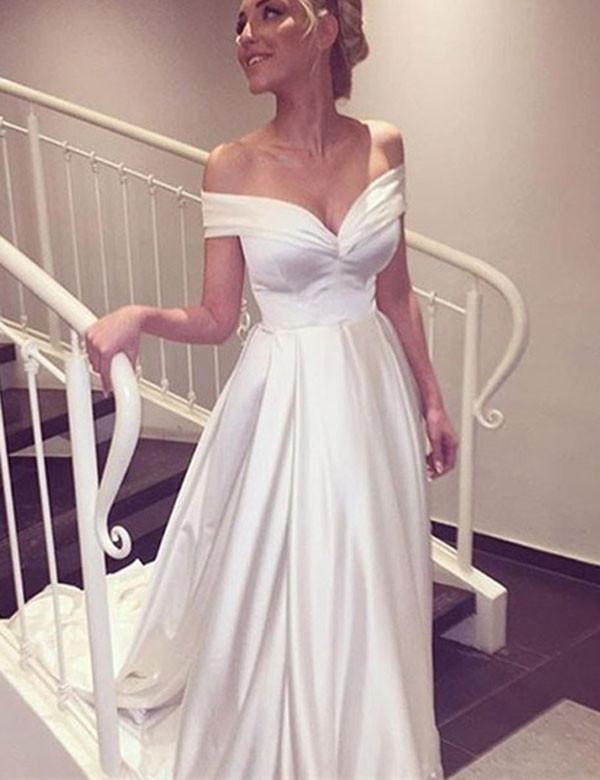 Elegant V-neck Cap Sleeves A-line Satin Wedding Dress Bride Gown WK390