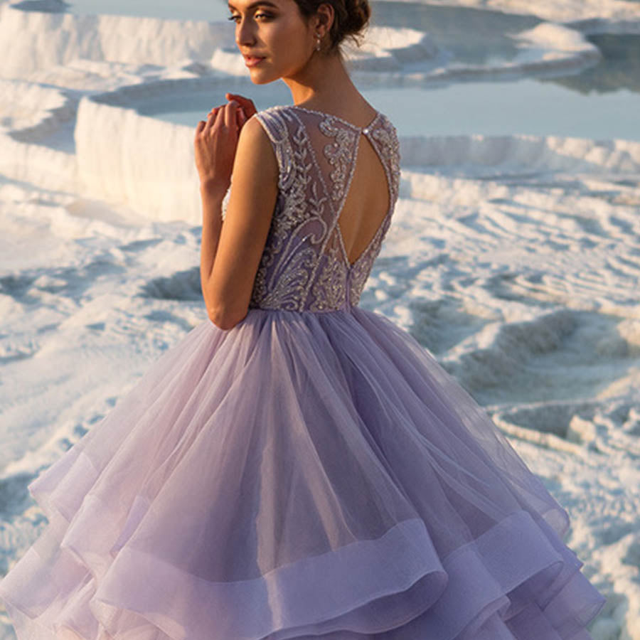 Elegant Ruffles Sweep Train Tulle A Line With Beading Prom Dresses
