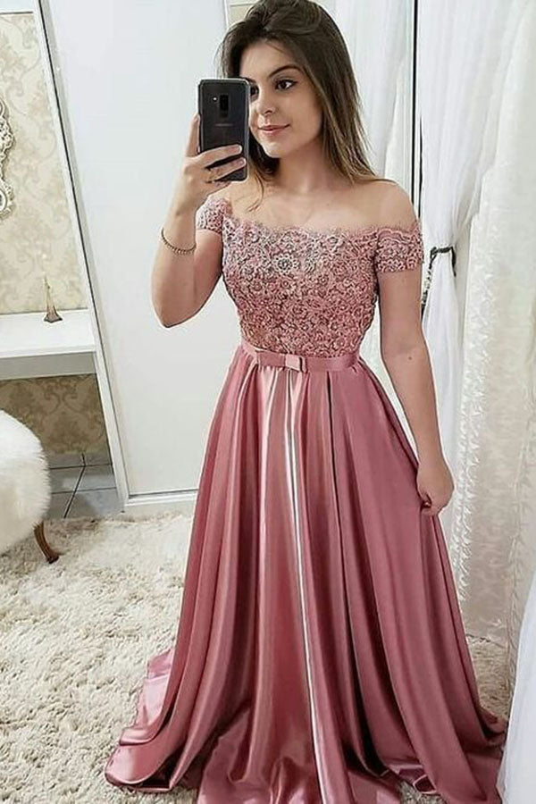 Chic Burgundy Off Shoulder Floor Length Satin Lace Prom Dresses