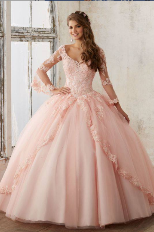 V Neck Quinceanera Dresses Ball Gown Long Sleeves Tulle With Applique