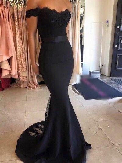 Black Long Prom Dresses Mermaid Off the Shoulder with Sash Prom Gowns Bridesmaid Dresses WK68