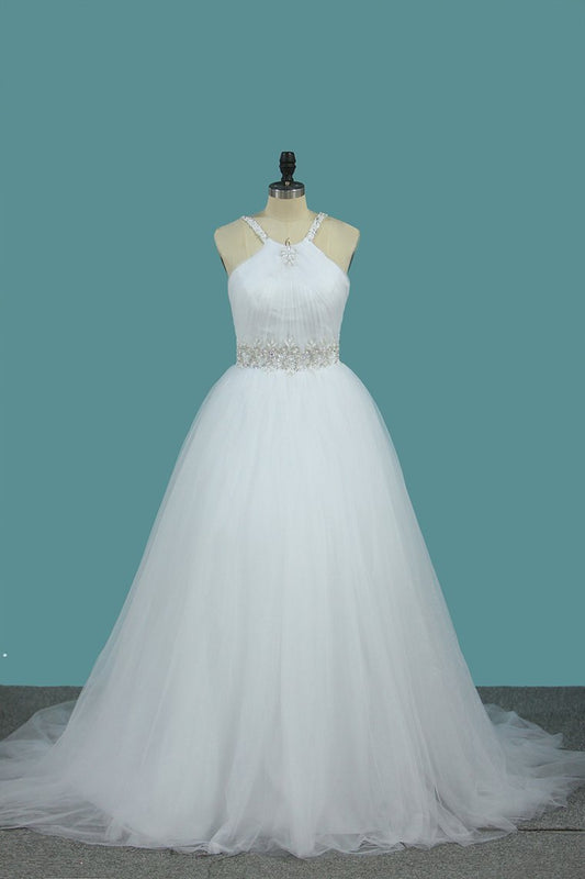 A Line Wedding Dress Halter Beaded Straps And Waistline Tulle Pleated Bodice