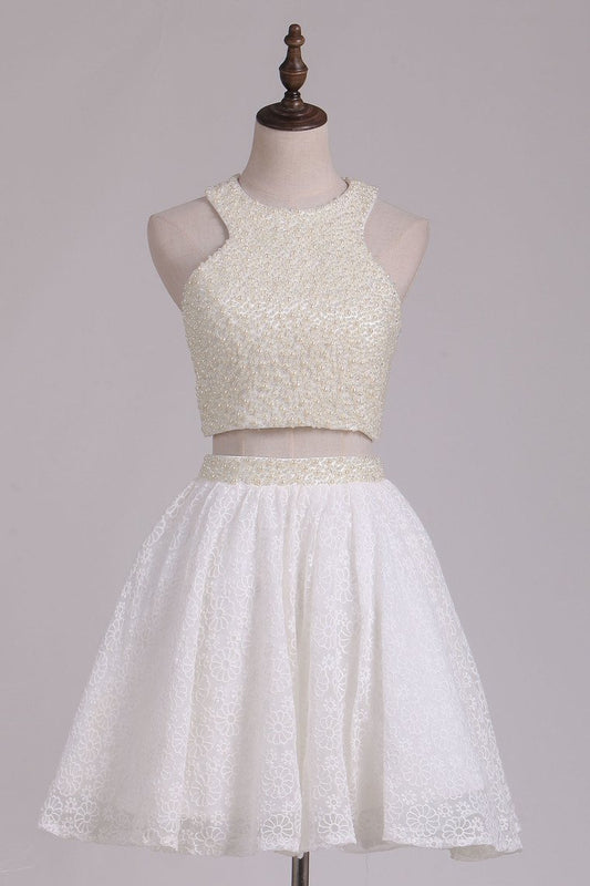 Scoop Open Back Homecoming Dresses A Line Two-Piece Lace With Beading