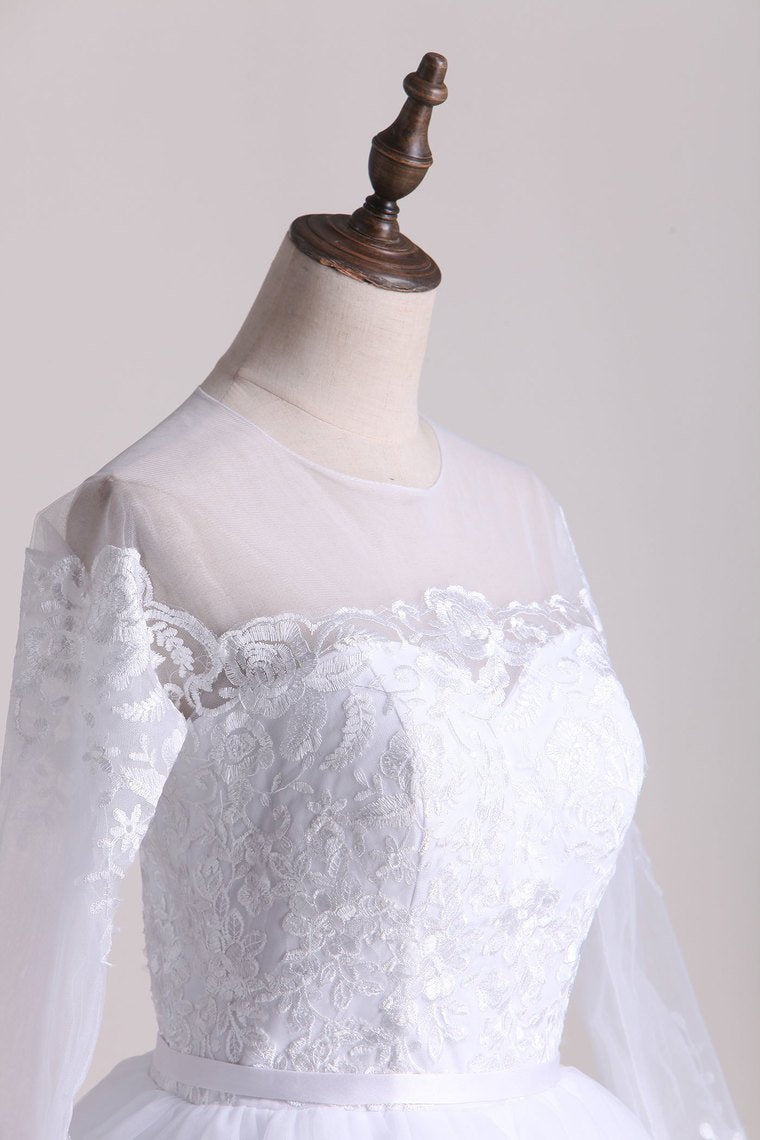 A Line Scoop Long Sleeves Tulle With Applique And Sash Wedding Dresses