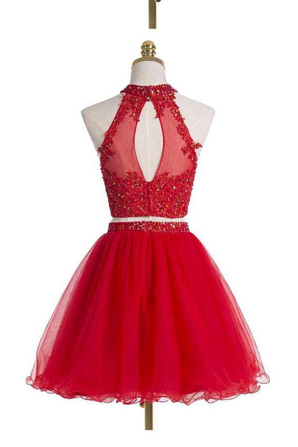 Two Pieces Scoop Halter Short Red Beaded Homecoming Dress with Appliques Sequins WK12