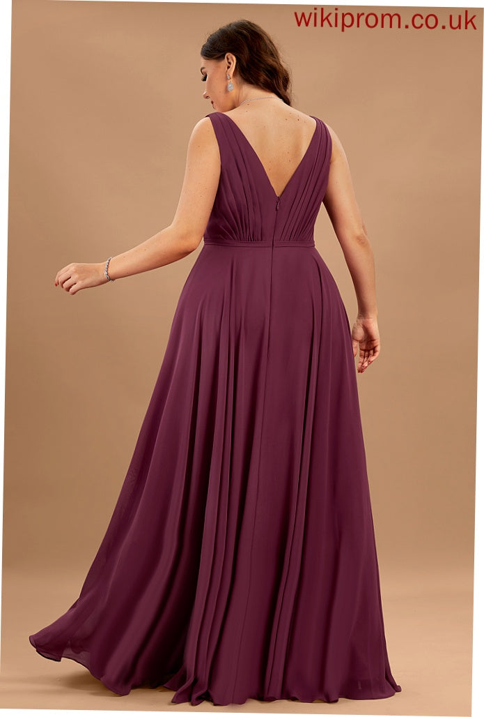 Chiffon A-Line Emelia Pleated Floor-Length Prom Dresses V-neck With