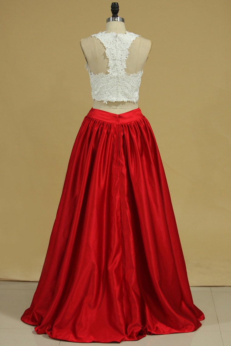 Two-Piece A Line Prom Dresses Scoop Satin With Applique Floor Length