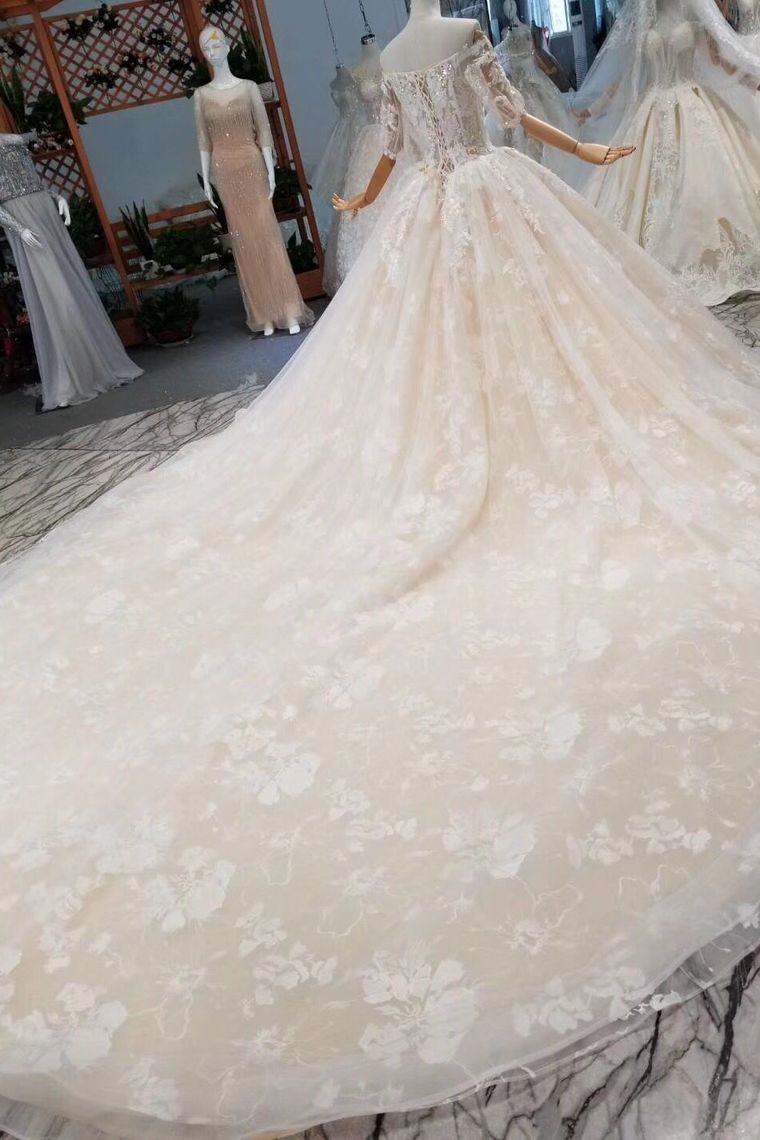 Luxury Wedding Dresses Off-The-Shoulder Top Quality Lace Long Train Half Sleeves Lace Up Back