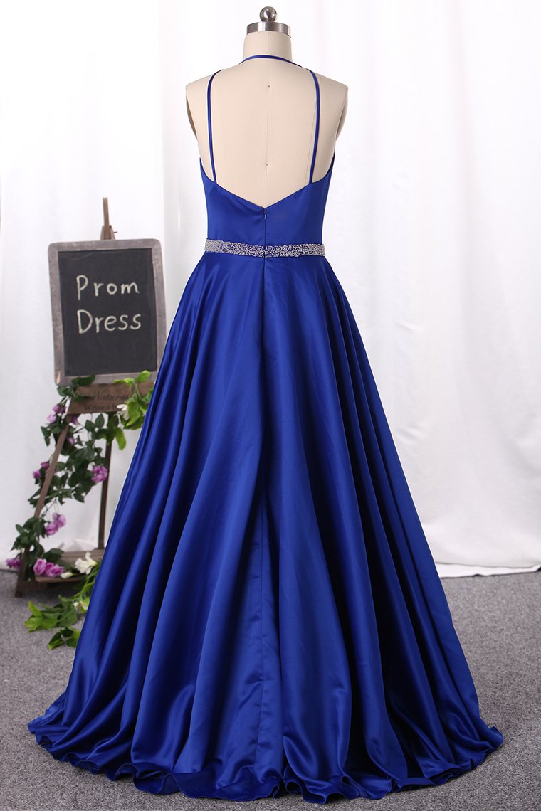 Spaghetti Straps Open Back Prom Dresses Satin With Beading A Line