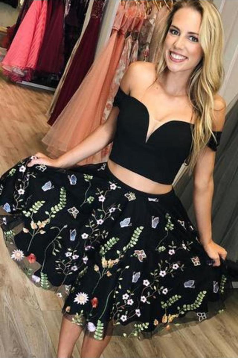 Black Two Piece Off Shoulder A Line Homecoming Dresses With Flowers