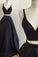 Simple black satins V-neck two pieces A-line long dresses prom dresses