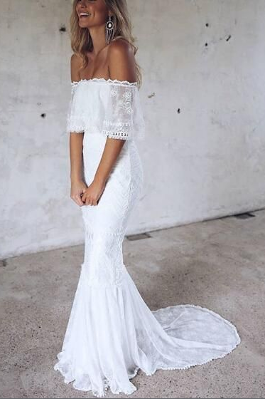 Elegant Mermaid Off the Shoulder Half Sleeve White Lace Beach Wedding Dresses WK779