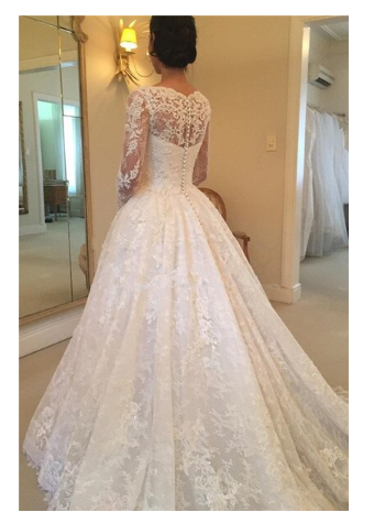 A-Line Lace Appliques V Neck Tulle Long Sleeve Ivory Covered Buttons Wedding Dresses WK327