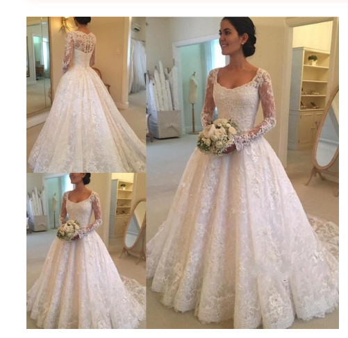 A-Line Lace Appliques V Neck Tulle Long Sleeve Ivory Covered Buttons Wedding Dresses WK327