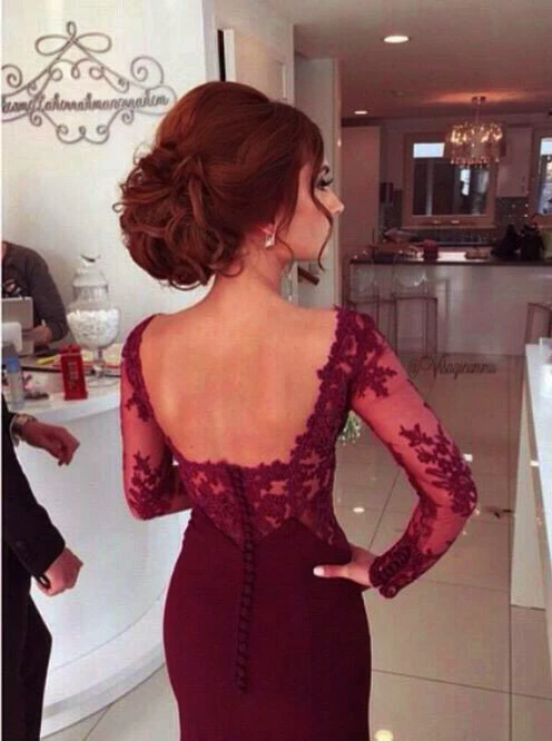 A-Line Sweetheart Long Sleeve Burgundy Prom Dress With Lace Appliques WK98